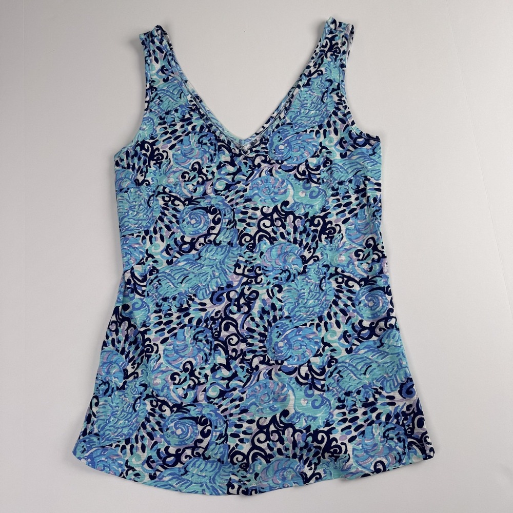 Lilly Pulitzer Shirt Womens XXS Blue Sea Shell Print Cotton Tank Top Summer